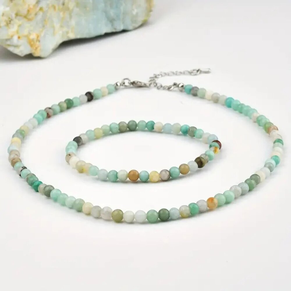 Amazonite Natural Stone Beaded Necklace and Bracelet Set - 4mm Beads